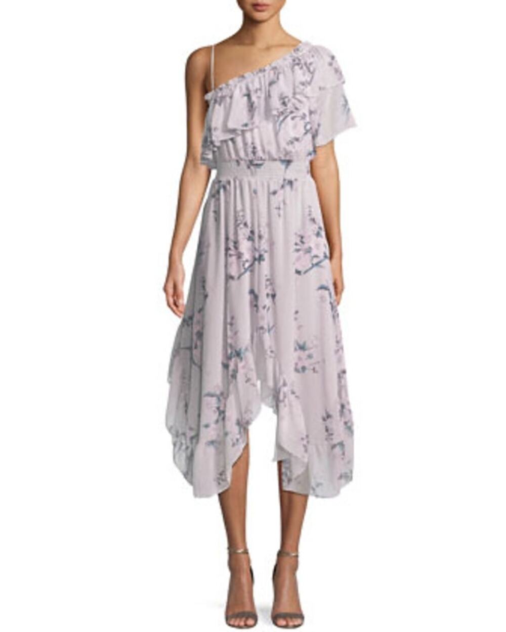 MISA Alexandra Floral Print Asymmetric One Shoulder Midi Dress Size S